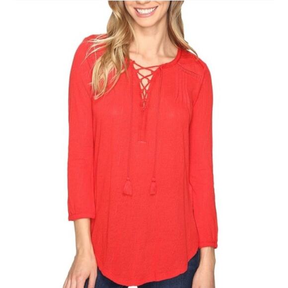 2/$15 Lucky Brand Lace-Up Embroidered Peasant Top Red Boho Tassel Size XS - Picture 1 of 9